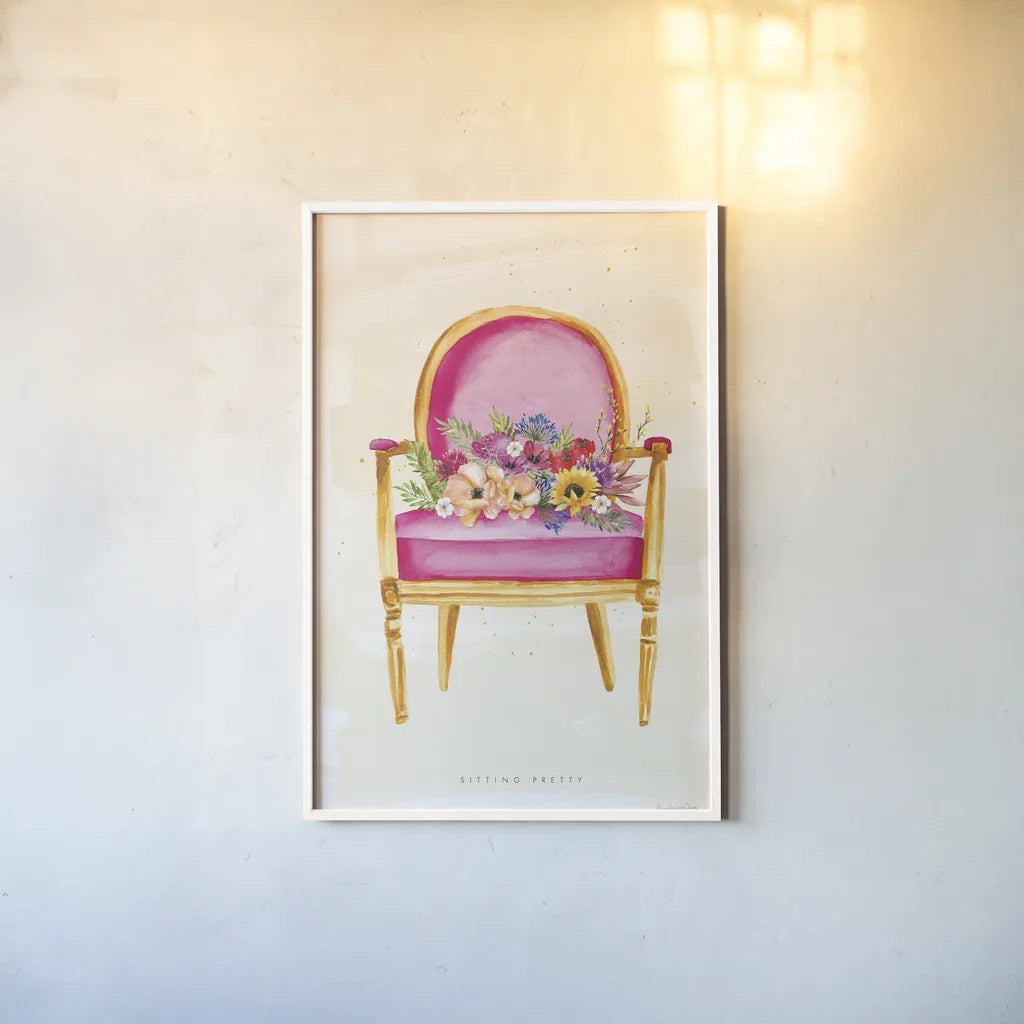Sitting Pretty I by Mercedes Lopez Charro. shown as a paper print in a white frame. Available as a archival giclee rolled canvas, fine art paper, or poster print. SKU 72238h.
