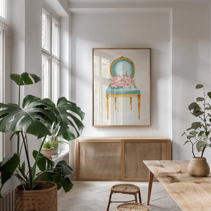 Sitting Pretty II by Mercedes Lopez Charro. shown as a print in a natural wood frame in a dining room. Available as a archival giclee rolled canvas, fine art paper, or poster print. SKU 72239h.