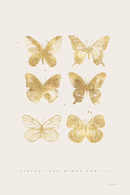 Six Gold Butterflies by Mercedes Lopez Charro. SKU 74523h. Archival Giclee Fine art print for wall decor.