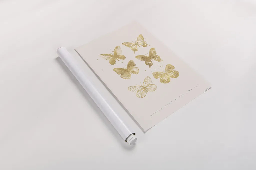 Six Gold Butterflies by Mercedes Lopez Charro. shown as a rolled paper print. Available as archival giclee rolled canvas, fine art paper, or poster print. SKU 74523h.