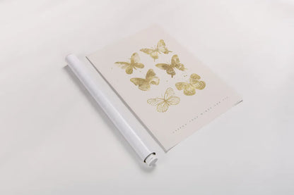 Six Gold Butterflies by Mercedes Lopez Charro. shown as a rolled paper print. Available as archival giclee rolled canvas, fine art paper, or poster print. SKU 74523h.