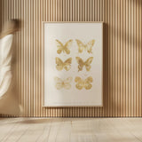 Six Gold Butterflies by Mercedes Lopez Charro. shown as over sized large wall art. Available as an archival giclee rolled canvas, fine art paper, or poster print. SKU 74523h.