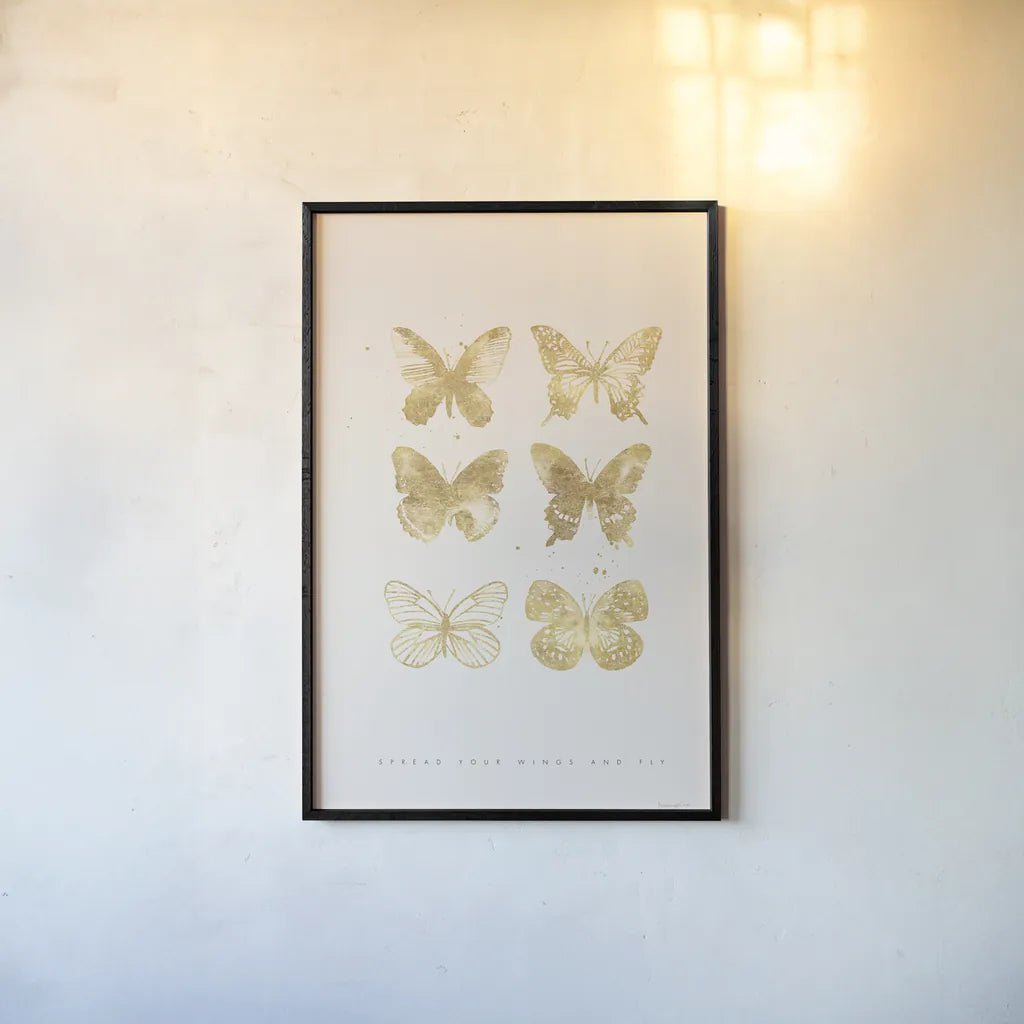 Six Gold Butterflies by Mercedes Lopez Charro. shown as a paper print in a black flame. Available as a archival giclee rolled canvas, fine art paper, or poster print. SKU 74523h.