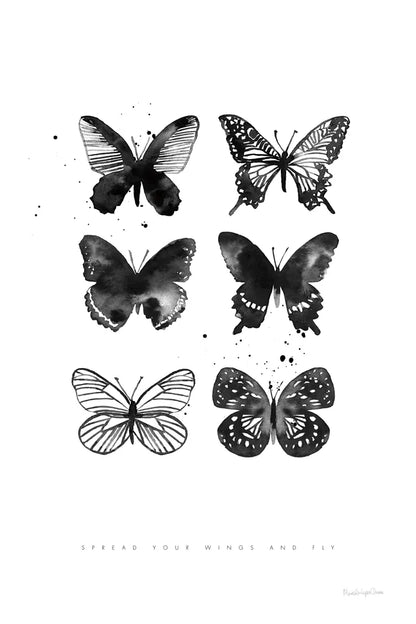 Six Inky Butterflies by Mercedes Lopez Charro. SKU 66612h. Archival Giclee Fine art print for wall decor.