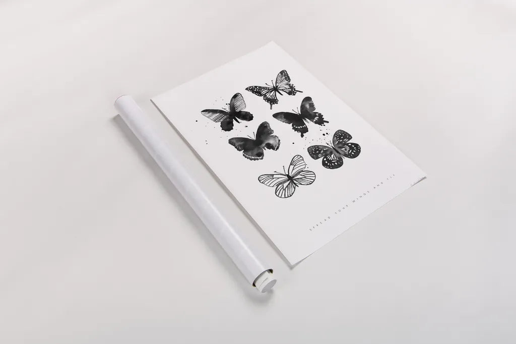 Six Inky Butterflies by Mercedes Lopez Charro. shown as a rolled paper print. Available as archival giclee rolled canvas, fine art paper, or poster print. SKU 66612h.