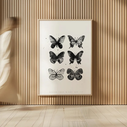 Six Inky Butterflies by Mercedes Lopez Charro. shown as over sized large wall art. Available as an archival giclee rolled canvas, fine art paper, or poster print. SKU 66612h.