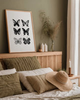 Six Inky Butterflies by Mercedes Lopez Charro. shown as a paper print in a natural frame. Available as a archival giclee rolled canvas, fine art paper, or poster print. SKU 66612h.