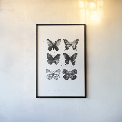 Six Inky Butterflies by Mercedes Lopez Charro. shown as a paper print in a black flame. Available as a archival giclee rolled canvas, fine art paper, or poster print. SKU 66612h.