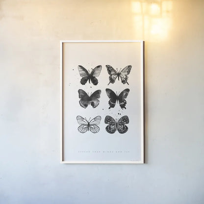 Six Inky Butterflies by Mercedes Lopez Charro. shown as a paper print in a white frame. Available as a archival giclee rolled canvas, fine art paper, or poster print. SKU 66612h.