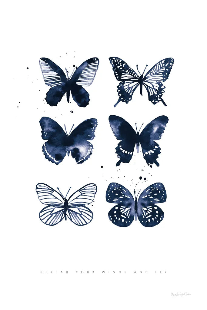 Six Inky Butterflies Blue by Mercedes Lopez Charro. SKU 68239h. Archival Giclee Fine art print for wall decor.