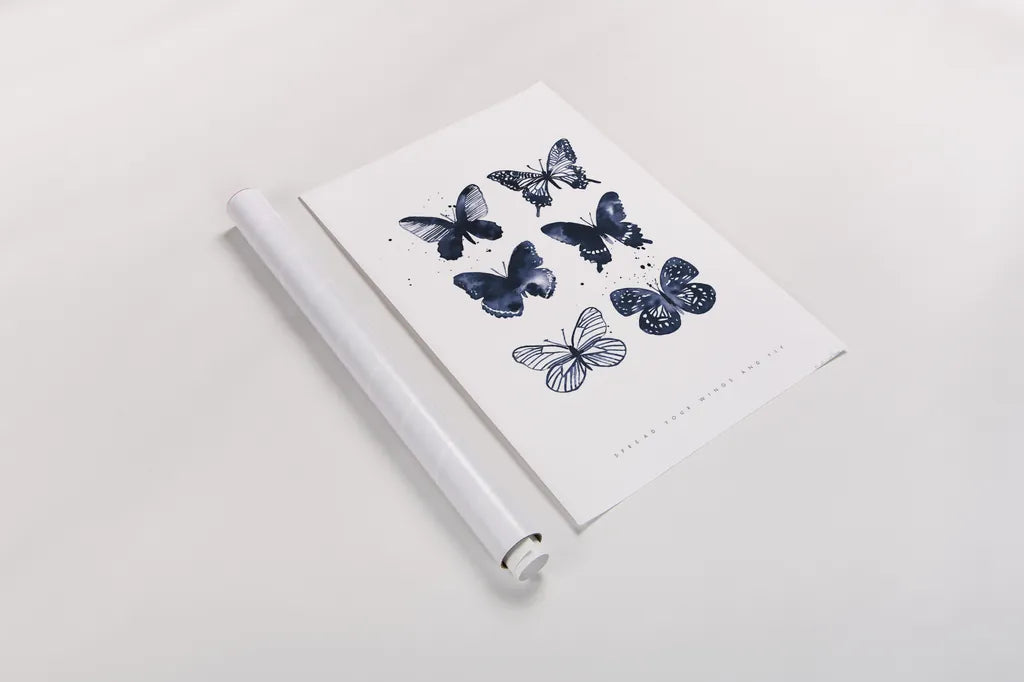 Six Inky Butterflies Blue by Mercedes Lopez Charro. shown as a rolled paper print. Available as archival giclee rolled canvas, fine art paper, or poster print. SKU 68239h.