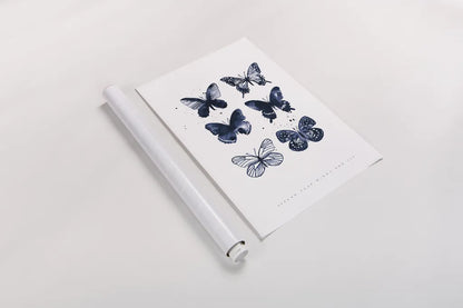 Six Inky Butterflies Blue by Mercedes Lopez Charro. shown as a rolled paper print. Available as archival giclee rolled canvas, fine art paper, or poster print. SKU 68239h.