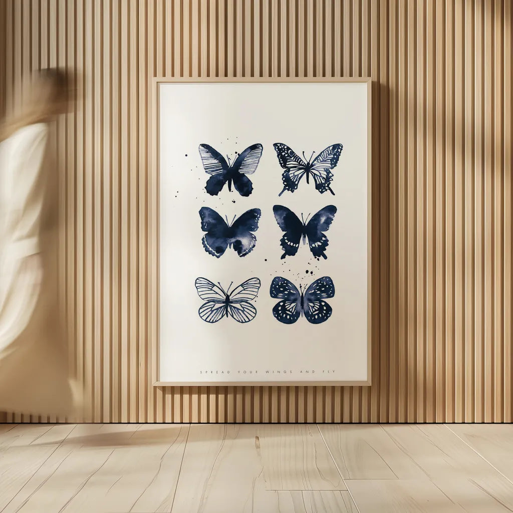 Six Inky Butterflies Blue by Mercedes Lopez Charro. shown as over sized large wall art. Available as an archival giclee rolled canvas, fine art paper, or poster print. SKU 68239h.
