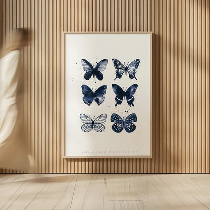 Six Inky Butterflies Blue by Mercedes Lopez Charro. shown as over sized large wall art. Available as an archival giclee rolled canvas, fine art paper, or poster print. SKU 68239h.