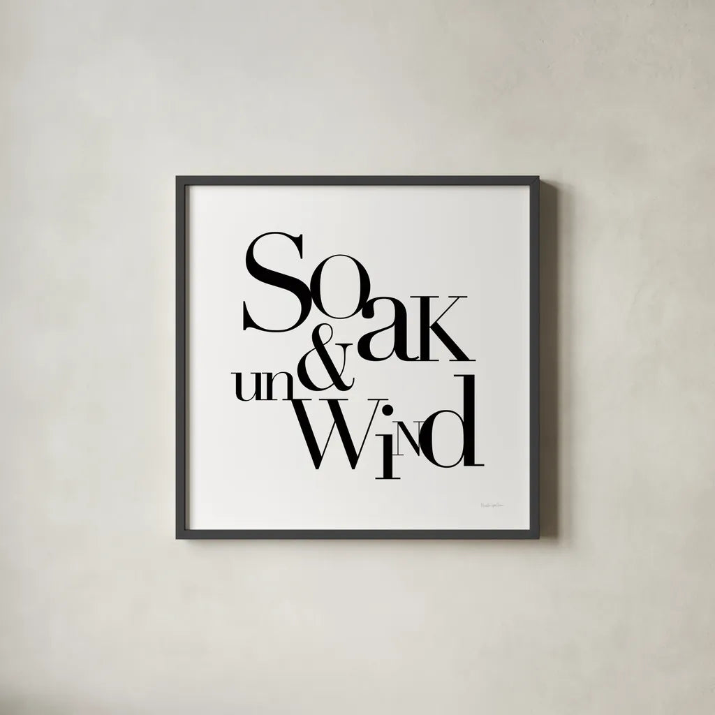 Soak and Unwind by Mercedes Lopez Charro. Shown in a sleek black glass frame for a contemporary gallery look. Available as an archival giclee rolled canvas, fine art paper, or poster print. SKU 75812a.