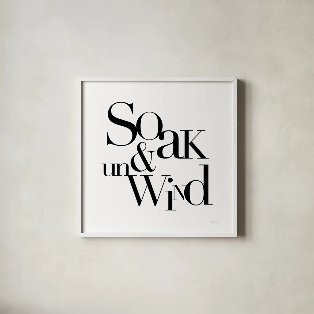 Soak and Unwind by Mercedes Lopez Charro. Shown in a crisp white glass frame for a clean and minimalist style. Available as an archival giclee rolled canvas, fine art paper, or poster print. SKU 75812a.