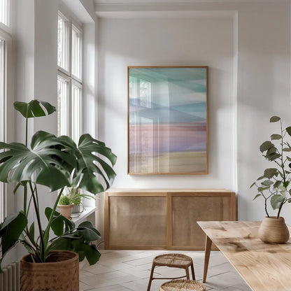 Soft Summer I by Mercedes Lopez Charro. shown as a print in a natural wood frame in a dining room. Available as a archival giclee rolled canvas, fine art paper, or poster print. SKU 66362h.