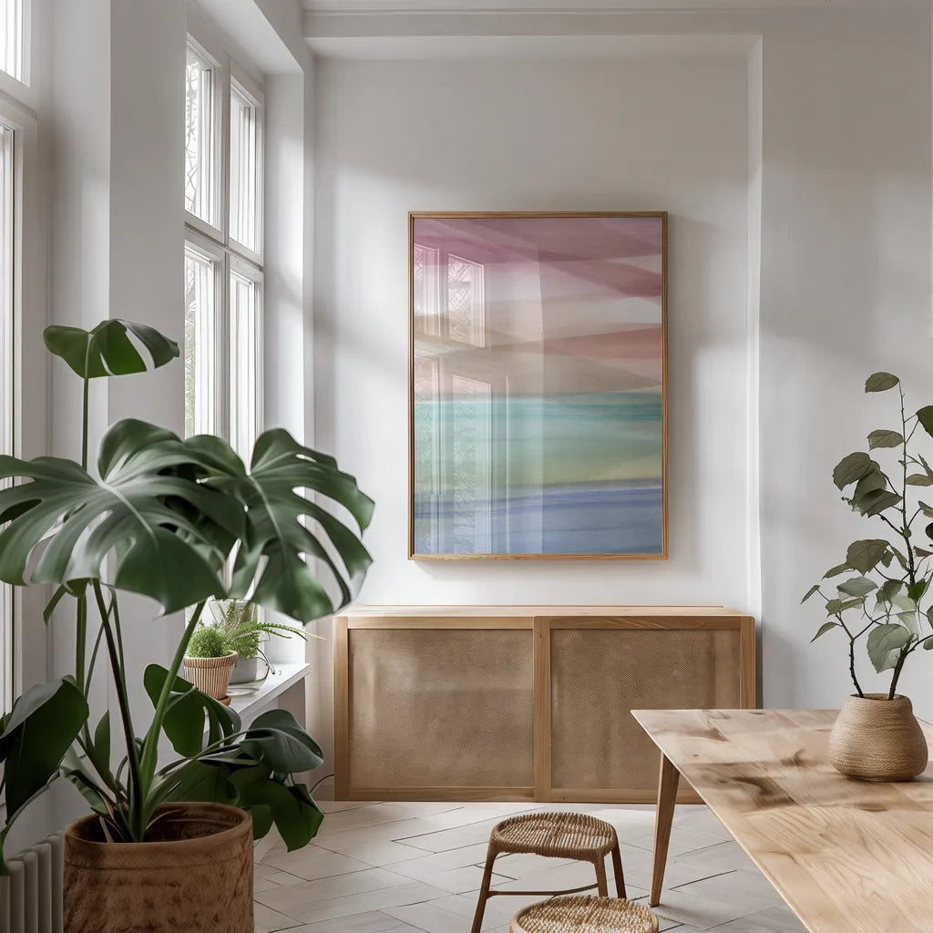 Soft Summer I Warm by Mercedes Lopez Charro. shown as a print in a natural wood frame in a dining room. Available as a archival giclee rolled canvas, fine art paper, or poster print. SKU 66368h.
