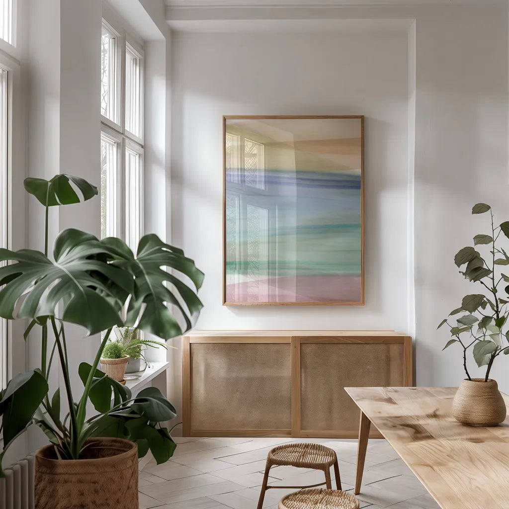 Soft Summer II by Mercedes Lopez Charro. shown as a print in a natural wood frame in a dining room. Available as a archival giclee rolled canvas, fine art paper, or poster print. SKU 66363h.