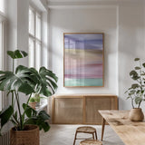 Soft Summer II Warm by Mercedes Lopez Charro. shown as a print in a natural wood frame in a dining room. Available as a archival giclee rolled canvas, fine art paper, or poster print. SKU 66369h.