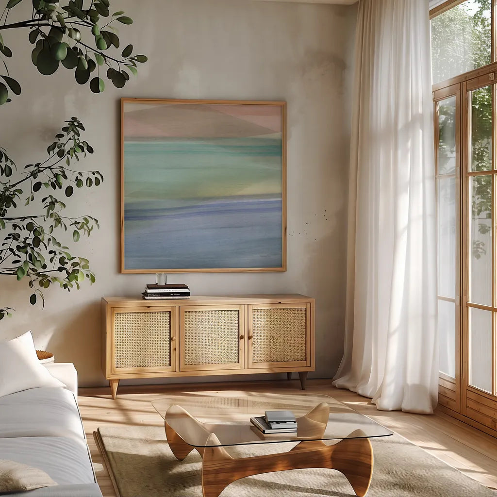 Soft Summer III by Mercedes Lopez Charro. Shown in a natural wood frame in a cozy modern living room. Available as an archival giclee rolled canvas, fine art paper, or poster print. SKU 66364a.