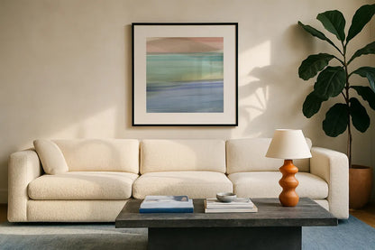 Soft Summer III by Mercedes Lopez Charro. Displayed in a glass frame with matte in a clean modern living room. Available as an archival giclee rolled canvas, fine art paper, or poster print. SKU 66364a.