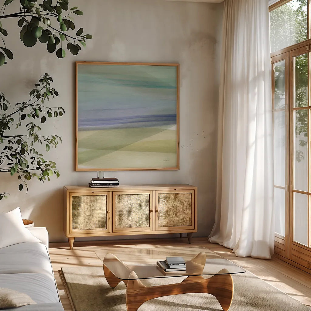 Soft Summer IV by Mercedes Lopez Charro. Shown in a natural wood frame in a cozy modern living room. Available as an archival giclee rolled canvas, fine art paper, or poster print. SKU 66365a.