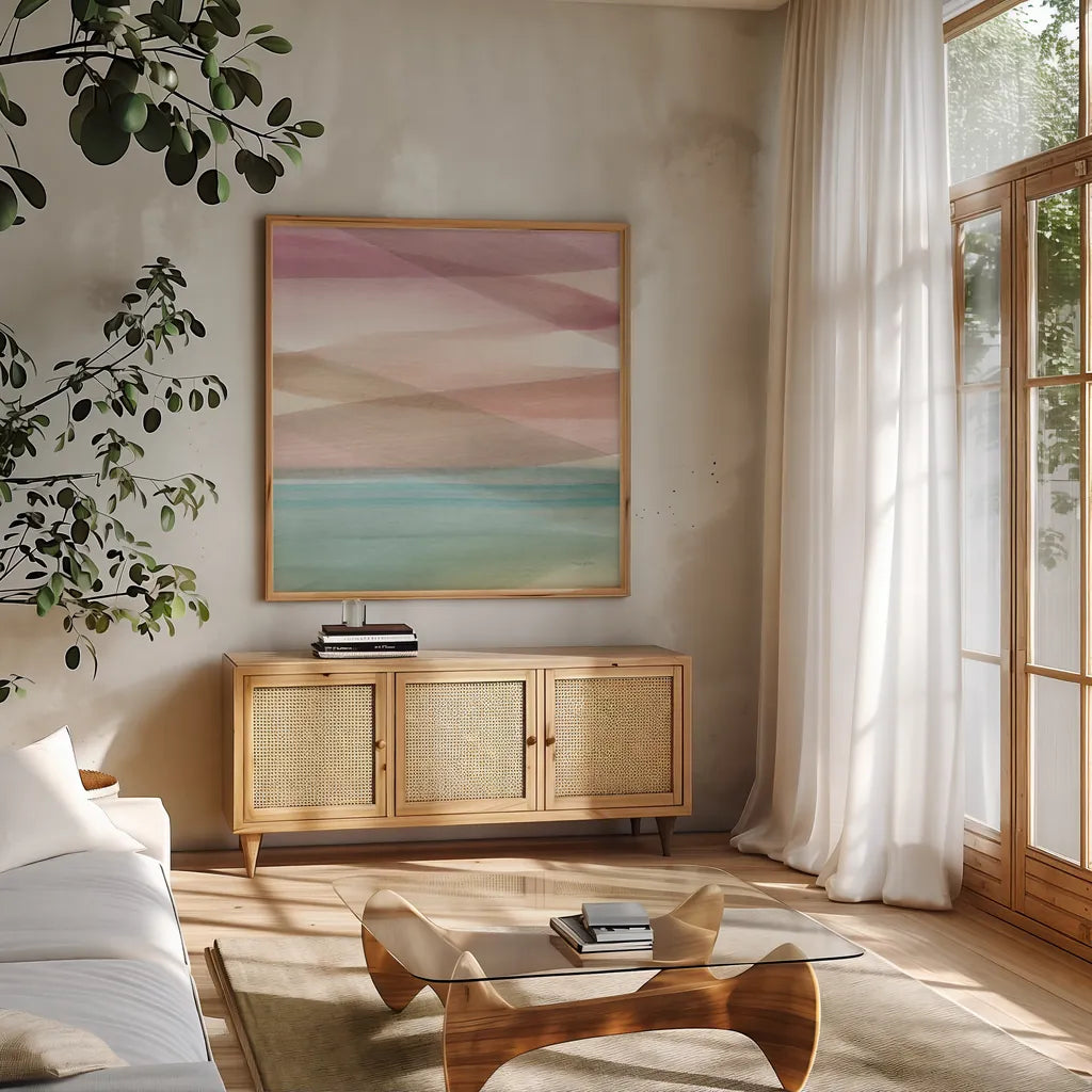 Soft Summer V by Mercedes Lopez Charro. Shown in a natural wood frame in a cozy modern living room. Available as an archival giclee rolled canvas, fine art paper, or poster print. SKU 66366a.
