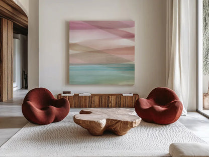 Soft Summer V by Mercedes Lopez Charro. Shown as extra-large giant wall art in a modern living room. Available as an archival giclee rolled canvas, fine art paper, or poster print. SKU 66366a.