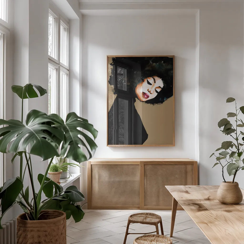 Soul by Mercedes Lopez Charro. shown as a print in a natural wood frame in a dining room. Available as a archival giclee rolled canvas, fine art paper, or poster print. SKU 70520h.
