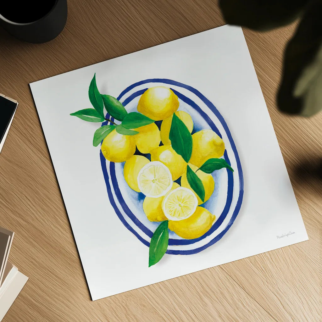 Spanish Lemons I by Mercedes Lopez Charro. Shown as a detailed flat fine art print, highlighting archival giclee quality. Available as an archival giclee rolled canvas, fine art paper, or poster print. SKU 66360a.