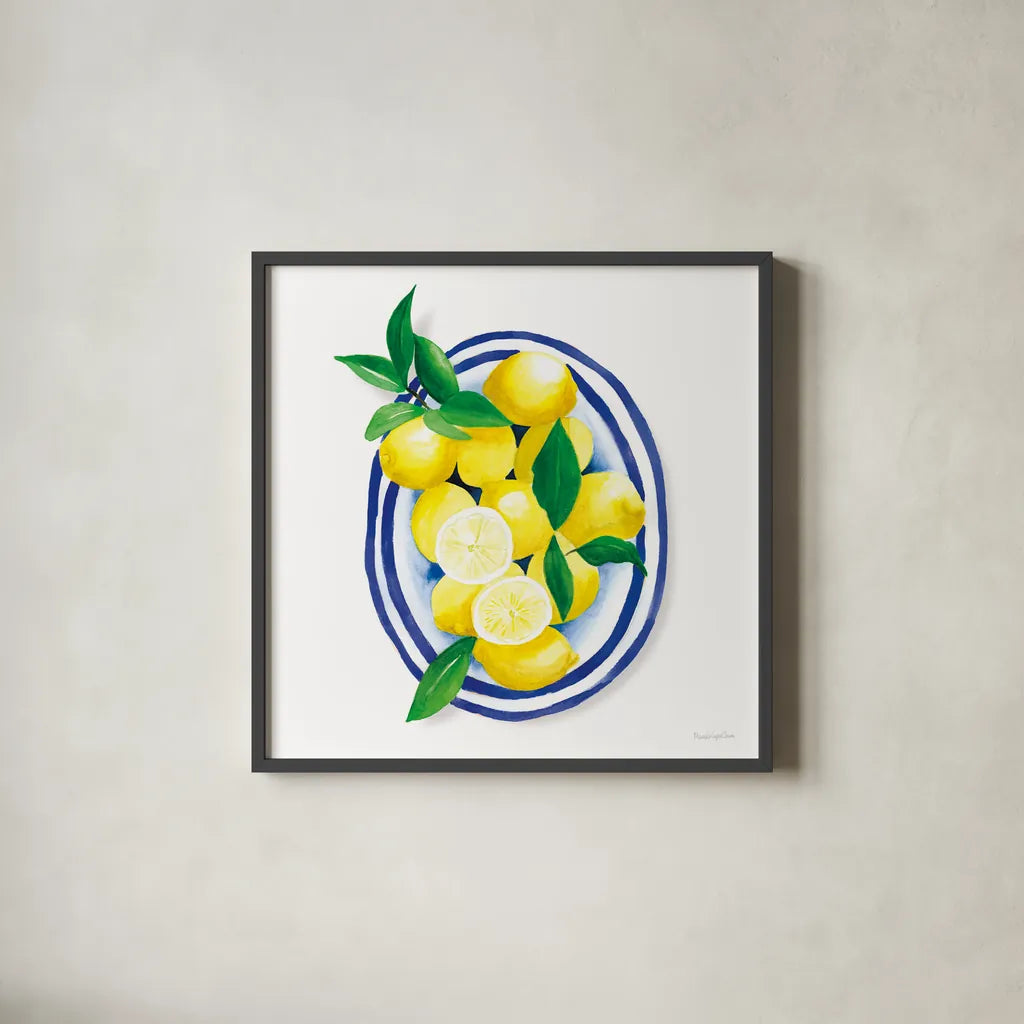 Spanish Lemons I by Mercedes Lopez Charro. Shown in a sleek black glass frame for a contemporary gallery look. Available as an archival giclee rolled canvas, fine art paper, or poster print. SKU 66360a.