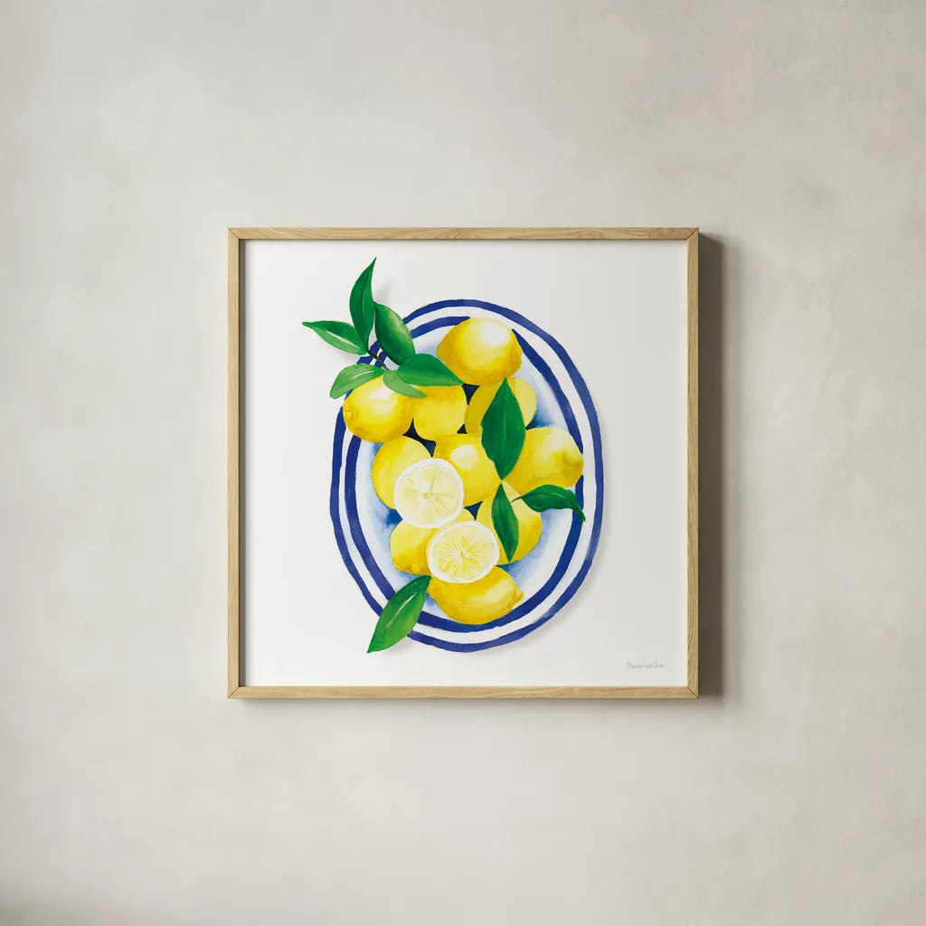 Spanish Lemons I by Mercedes Lopez Charro. Shown in a natural wood glass frame for a timeless modern aesthetic. Available as an archival giclee rolled canvas, fine art paper, or poster print. SKU 66360a.
