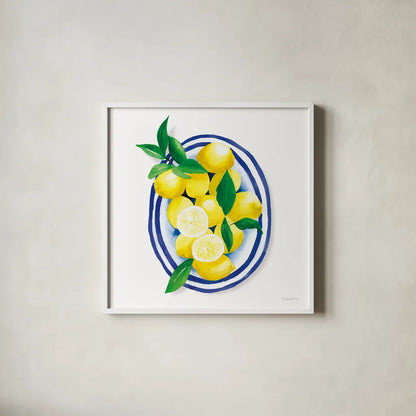 Spanish Lemons I by Mercedes Lopez Charro. Shown in a crisp white glass frame for a clean and minimalist style. Available as an archival giclee rolled canvas, fine art paper, or poster print. SKU 66360a.