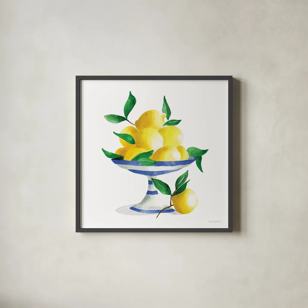 Spanish Lemons II by Mercedes Lopez Charro. Shown in a sleek black glass frame for a contemporary gallery look. Available as an archival giclee rolled canvas, fine art paper, or poster print. SKU 66361a.