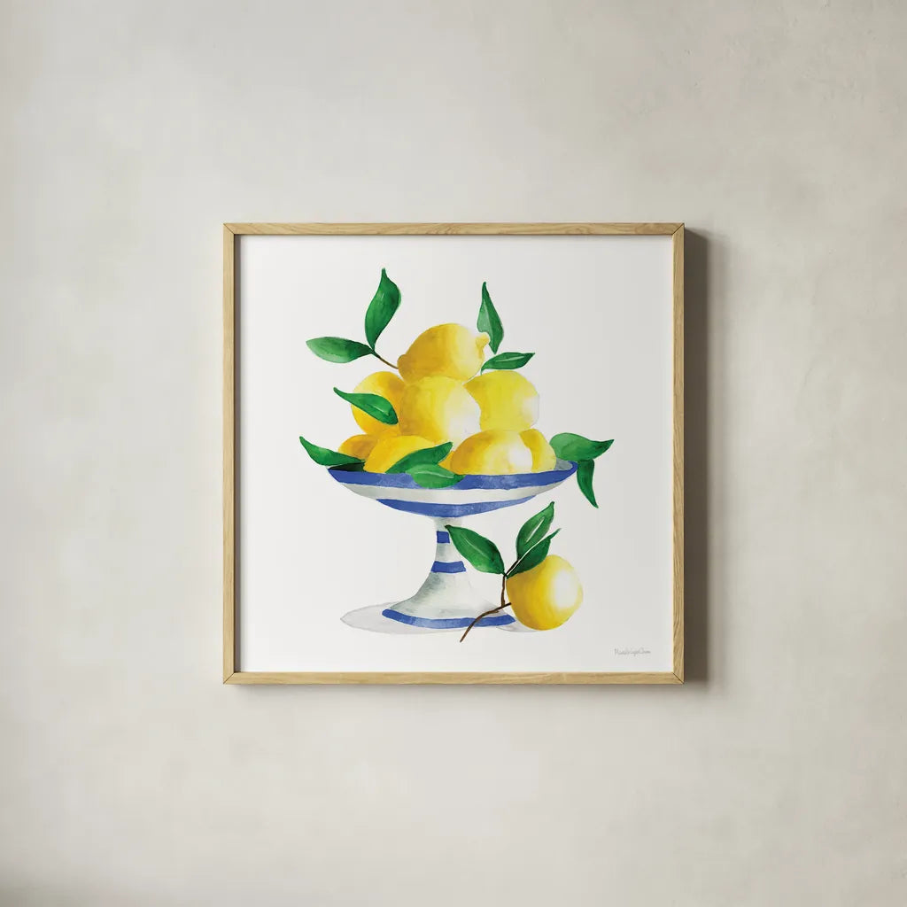 Spanish Lemons II by Mercedes Lopez Charro. Shown in a natural wood glass frame for a timeless modern aesthetic. Available as an archival giclee rolled canvas, fine art paper, or poster print. SKU 66361a.