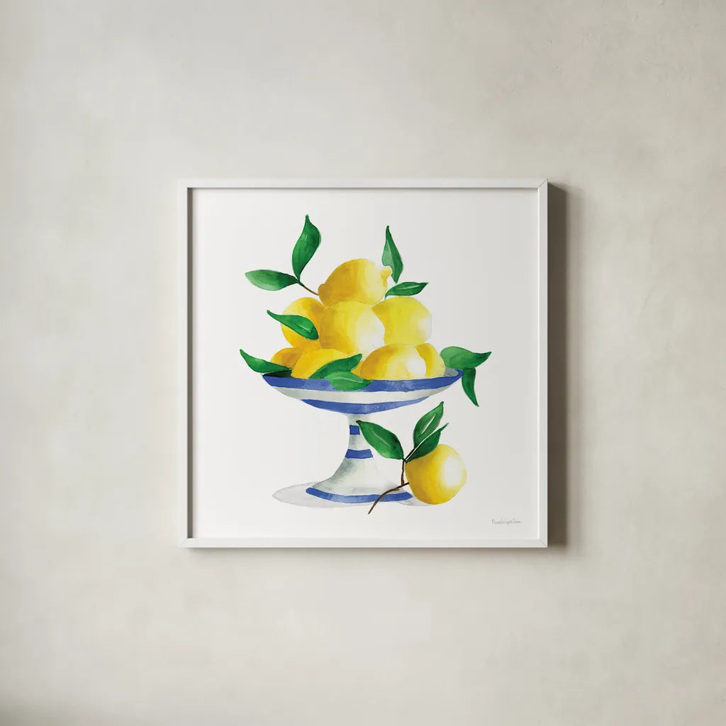 Spanish Lemons II by Mercedes Lopez Charro. Shown in a crisp white glass frame for a clean and minimalist style. Available as an archival giclee rolled canvas, fine art paper, or poster print. SKU 66361a.