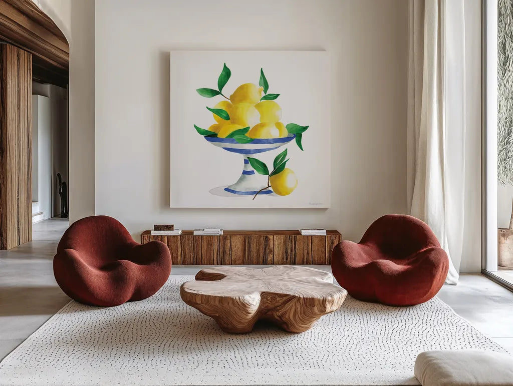 Spanish Lemons II by Mercedes Lopez Charro. Shown as extra-large giant wall art in a modern living room. Available as an archival giclee rolled canvas, fine art paper, or poster print. SKU 66361a.