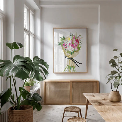 Spring Bouquet by Mercedes Lopez Charro. shown as a print in a natural wood frame in a dining room. Available as a archival giclee rolled canvas, fine art paper, or poster print. SKU 72146h.