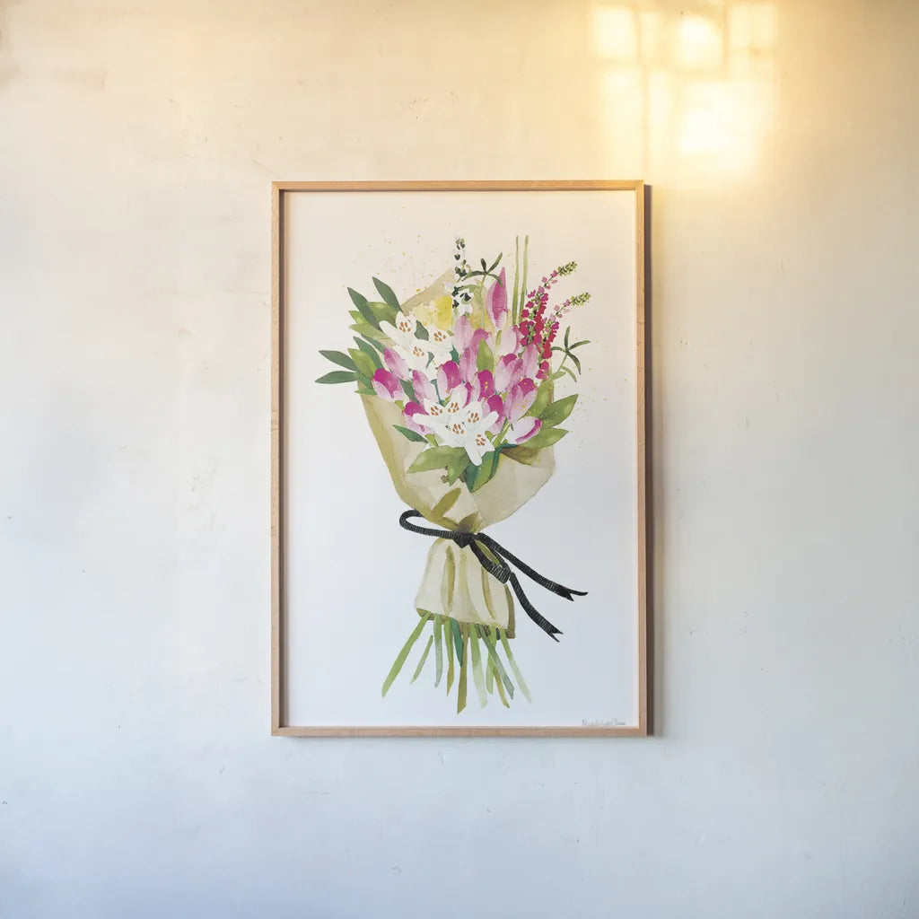 Spring Bouquet by Mercedes Lopez Charro. shown as a paper print in a natural frame. Available as a archival giclee rolled canvas, fine art paper, or poster print. SKU 72146h.