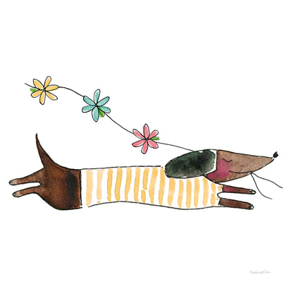 Spring Dachshund by Mercedes Lopez Charro. SKU 97148a. Archival Giclee Fine art print for wall decor.