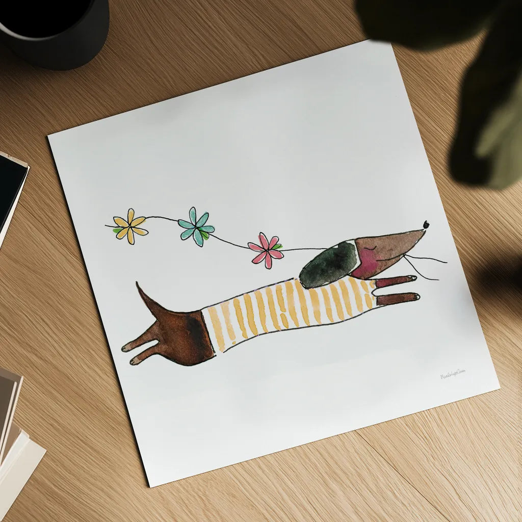 Spring Dachshund by Mercedes Lopez Charro. Shown as a detailed flat fine art print, highlighting archival giclee quality. Available as an archival giclee rolled canvas, fine art paper, or poster print. SKU 97148a.