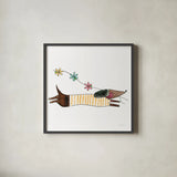 Spring Dachshund by Mercedes Lopez Charro. Shown in a sleek black glass frame for a contemporary gallery look. Available as an archival giclee rolled canvas, fine art paper, or poster print. SKU 97148a.