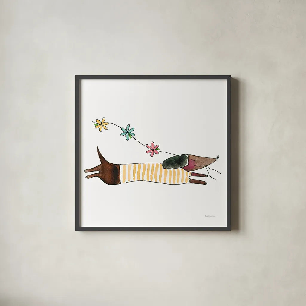 Spring Dachshund by Mercedes Lopez Charro. Shown in a sleek black glass frame for a contemporary gallery look. Available as an archival giclee rolled canvas, fine art paper, or poster print. SKU 97148a.