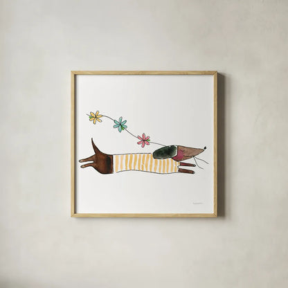 Spring Dachshund by Mercedes Lopez Charro. Shown in a natural wood glass frame for a timeless modern aesthetic. Available as an archival giclee rolled canvas, fine art paper, or poster print. SKU 97148a.