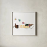 Spring Dachshund by Mercedes Lopez Charro. Shown in a crisp white glass frame for a clean and minimalist style. Available as an archival giclee rolled canvas, fine art paper, or poster print. SKU 97148a.