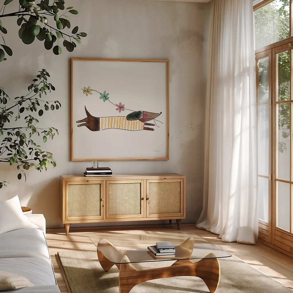 Spring Dachshund by Mercedes Lopez Charro. Shown in a natural wood frame in a cozy modern living room. Available as an archival giclee rolled canvas, fine art paper, or poster print. SKU 97148a.