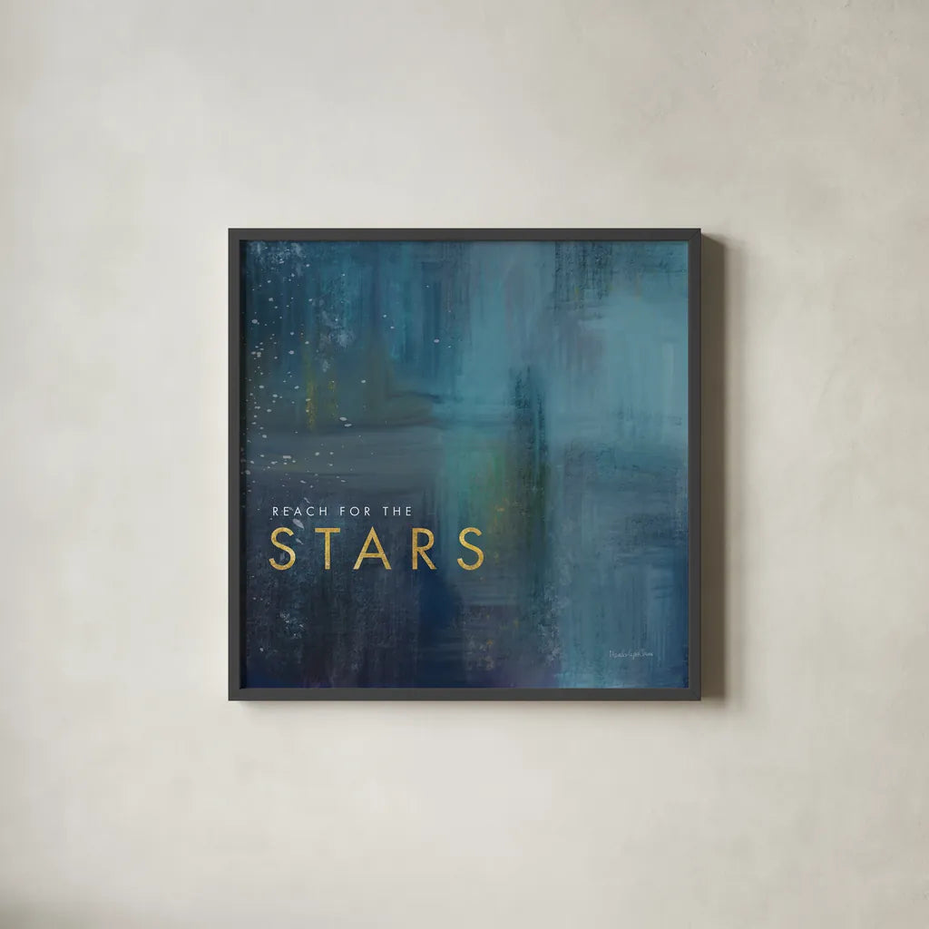 Stars Gold by Mercedes Lopez Charro. Shown in a sleek black glass frame for a contemporary gallery look. Available as an archival giclee rolled canvas, fine art paper, or poster print. SKU 74524a.