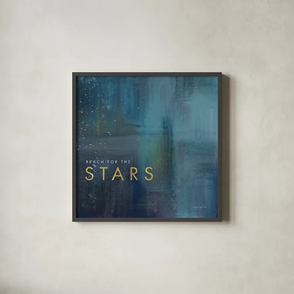 Stars Gold by Mercedes Lopez Charro. Shown in a sleek black glass frame for a contemporary gallery look. Available as an archival giclee rolled canvas, fine art paper, or poster print. SKU 74524a.