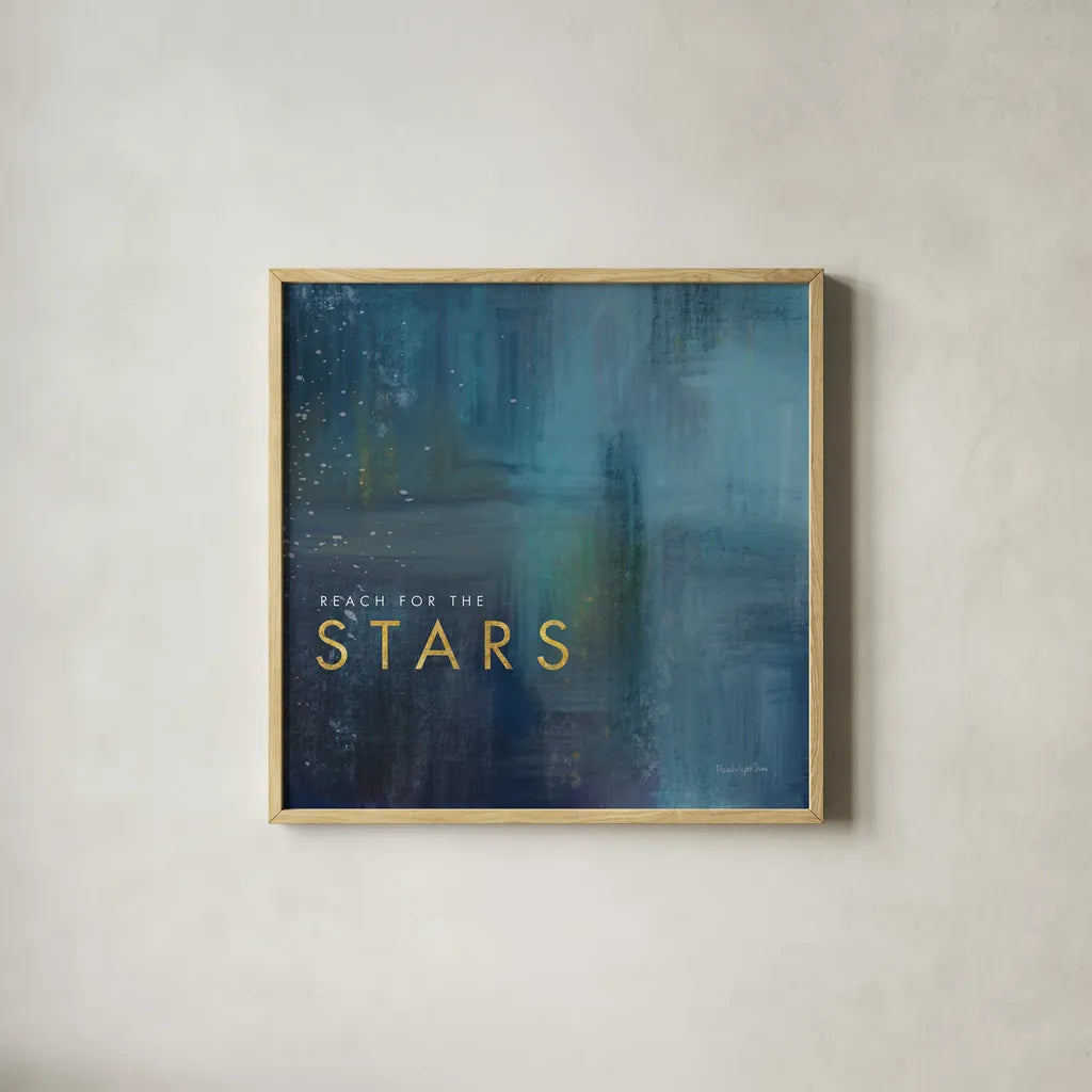Stars Gold by Mercedes Lopez Charro. Shown in a natural wood glass frame for a timeless modern aesthetic. Available as an archival giclee rolled canvas, fine art paper, or poster print. SKU 74524a.